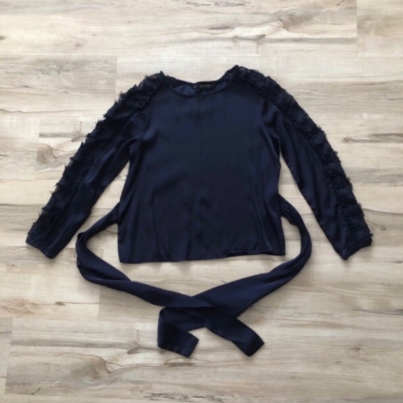 MASSIVE $10 SALE Zara Navy Blue Blouse w/ Waist Tie & Floral Lace Detail - Picture 5 of 8